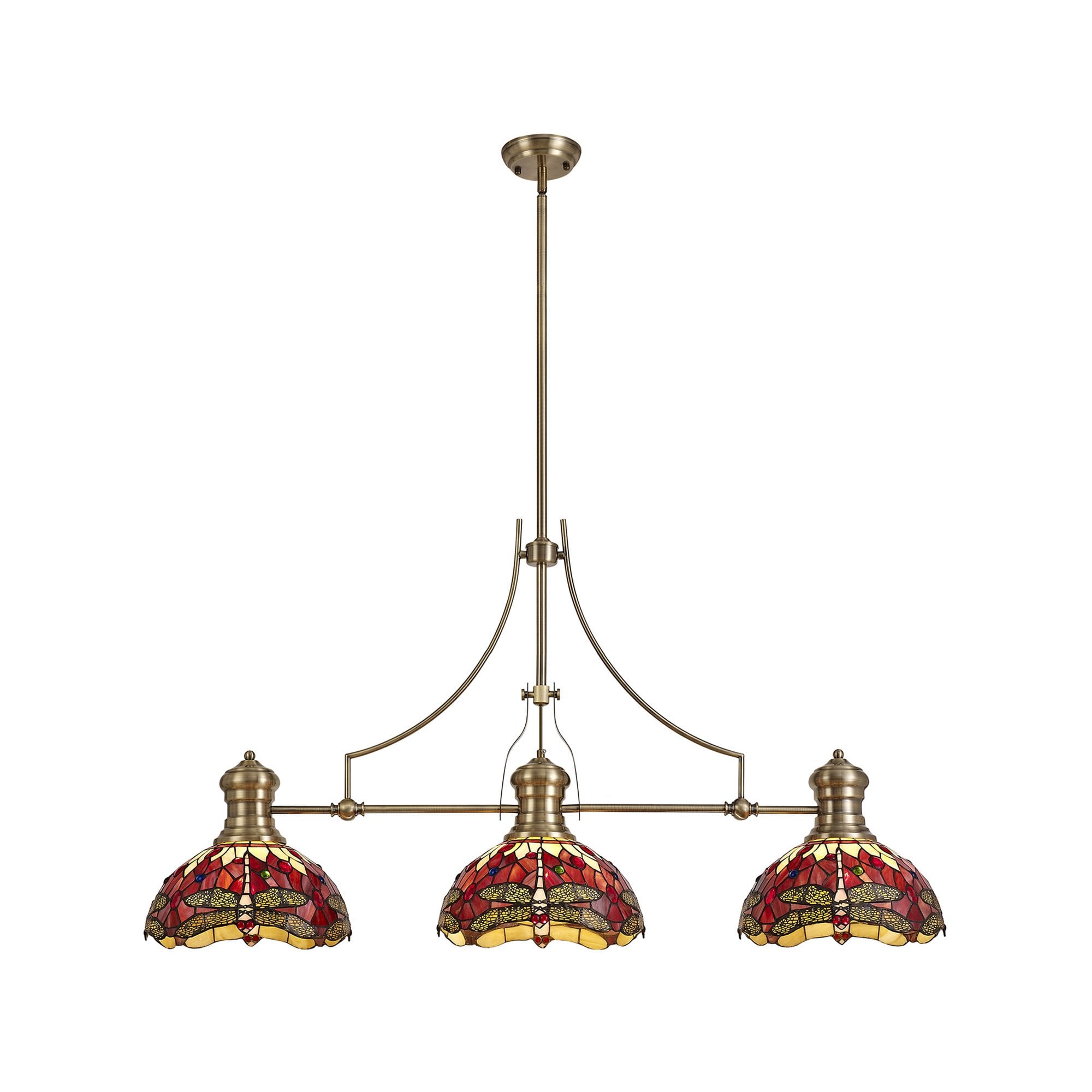 NLK04779 Louis/Heidi 3 Light Telescopic Pendant With 30cm Tiffany Shade Antique Brass/Purple/Pink/Crystal