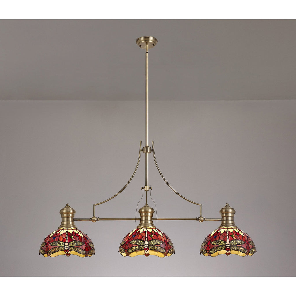 NLK04779 Louis/Heidi 3 Light Telescopic Pendant With 30cm Tiffany Shade Antique Brass/Purple/Pink/Crystal