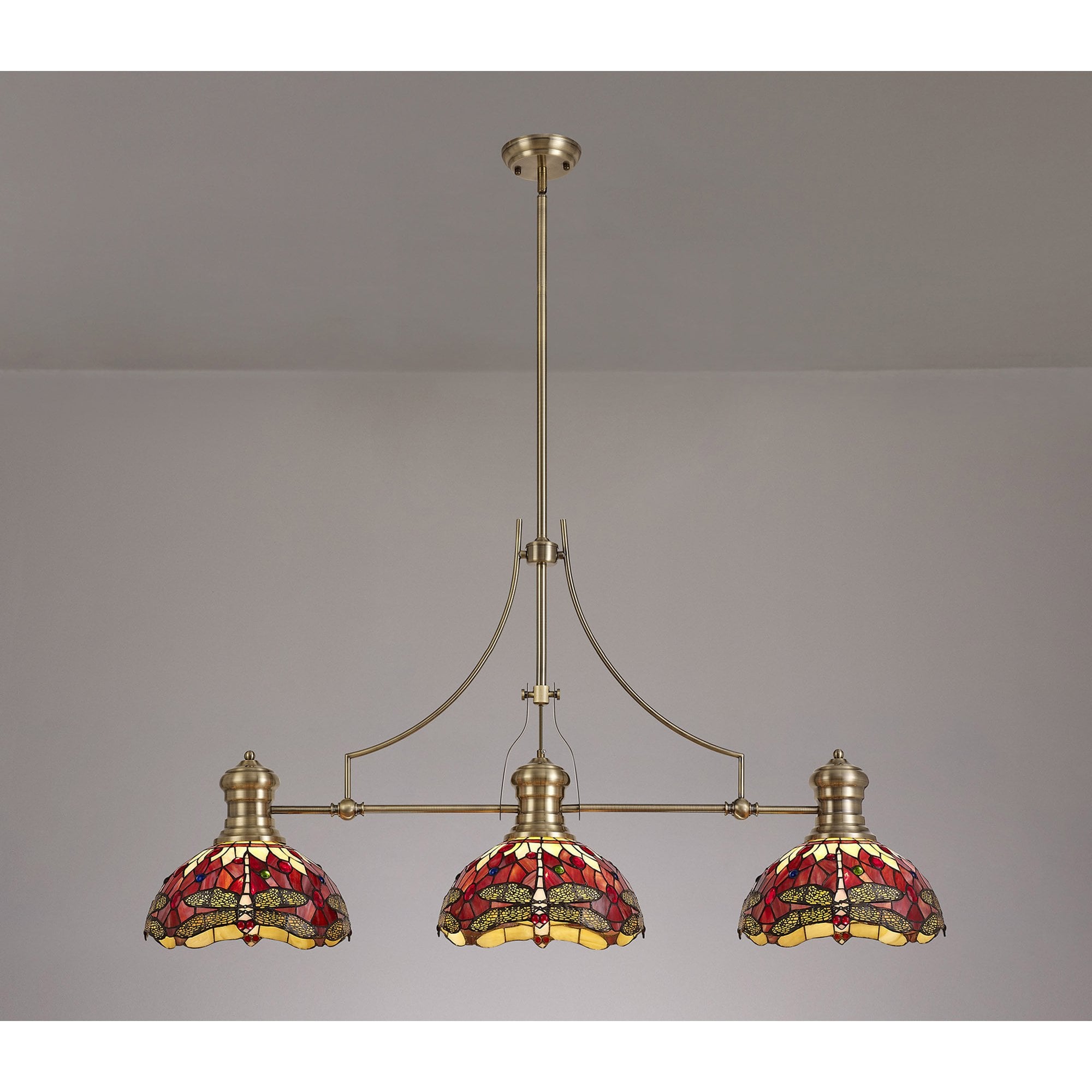 NLK04779 Louis/Heidi 3 Light Telescopic Pendant With 30cm Tiffany Shade Antique Brass/Purple/Pink/Crystal