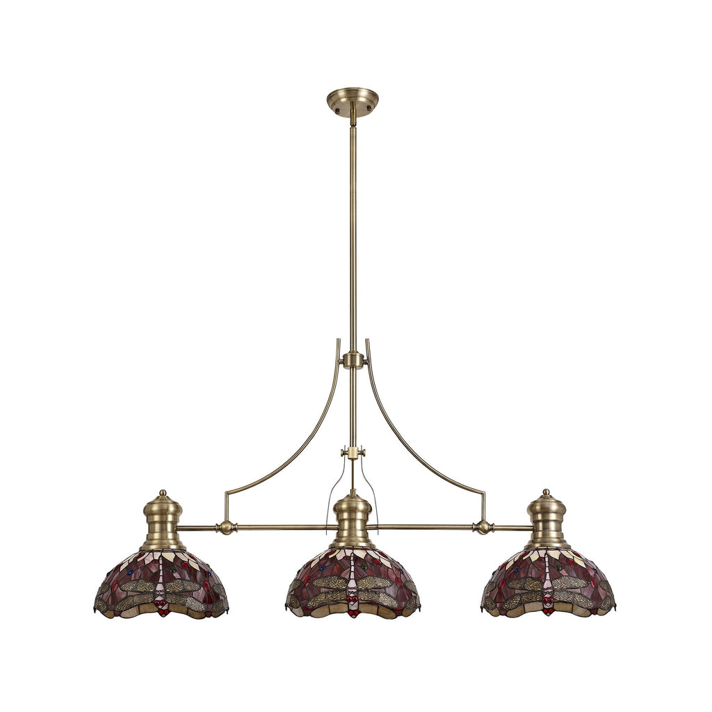 NLK04779 Louis/Heidi 3 Light Telescopic Pendant With 30cm Tiffany Shade Antique Brass/Purple/Pink/Crystal