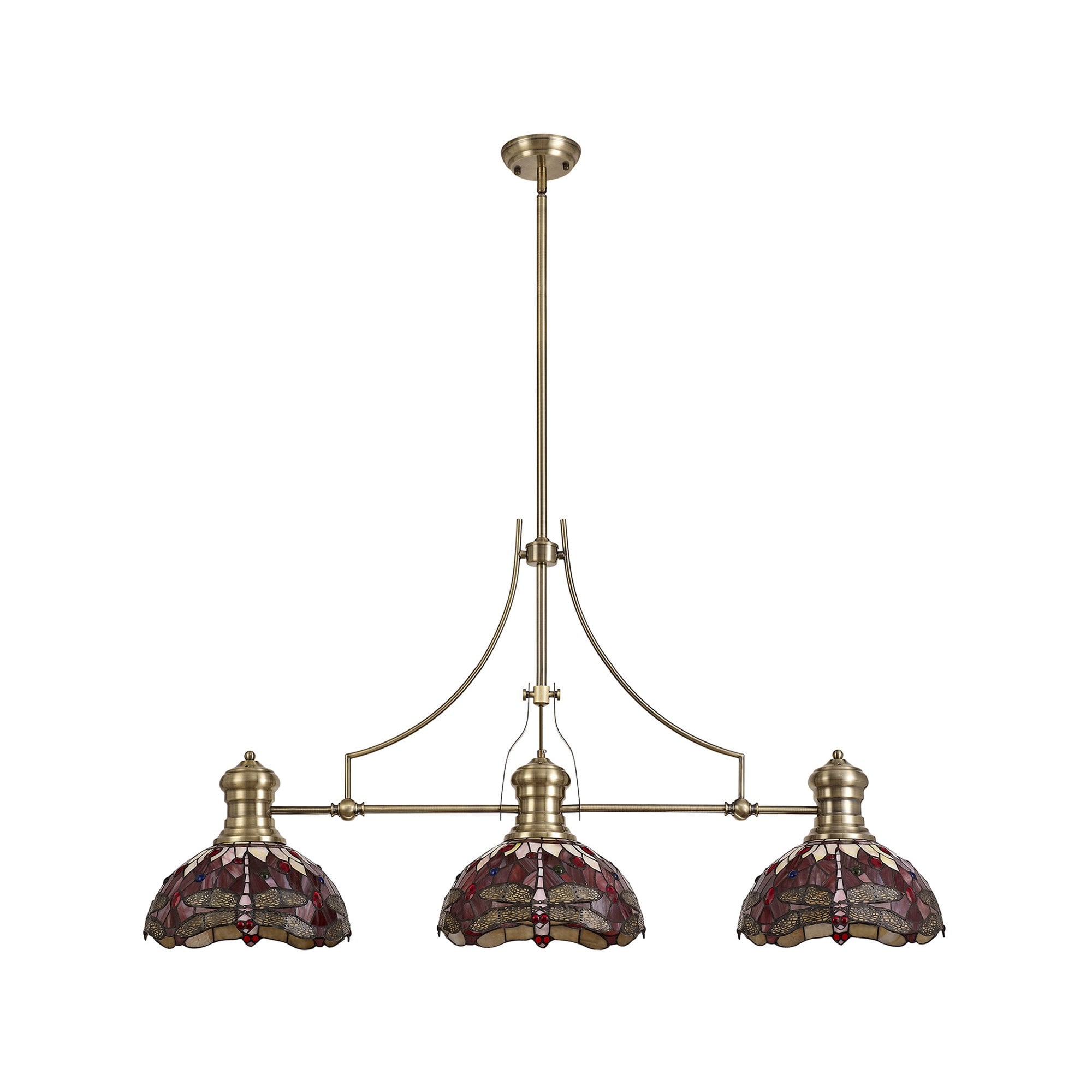 NLK04779 Louis/Heidi 3 Light Telescopic Pendant With 30cm Tiffany Shade Antique Brass/Purple/Pink/Crystal