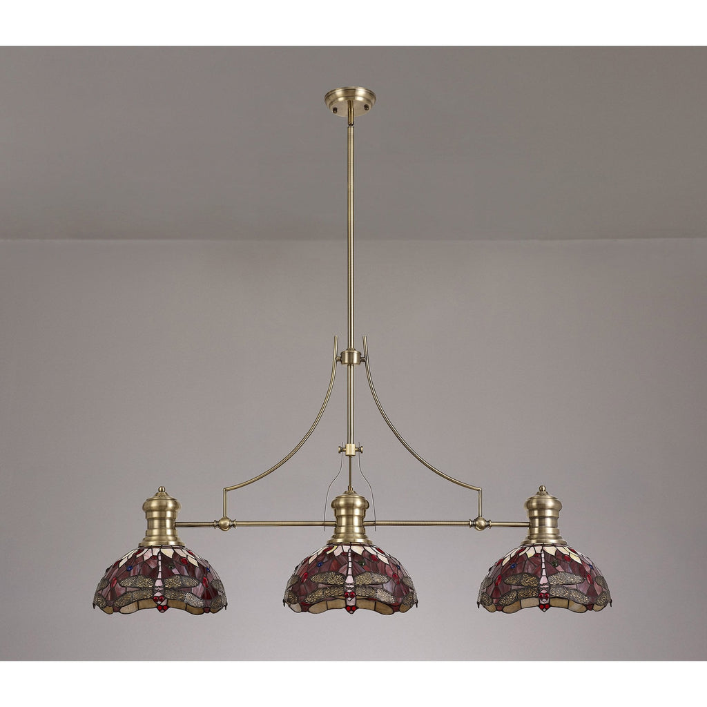 NLK04779 Louis/Heidi 3 Light Telescopic Pendant With 30cm Tiffany Shade Antique Brass/Purple/Pink/Crystal