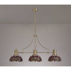 NLK04779 Louis/Heidi 3 Light Telescopic Pendant With 30cm Tiffany Shade Antique Brass/Purple/Pink/Crystal
