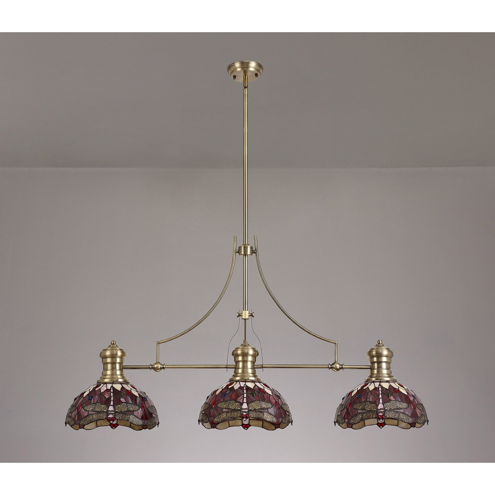 NLK04779 Louis/Heidi 3 Light Telescopic Pendant With 30cm Tiffany Shade Antique Brass/Purple/Pink/Crystal