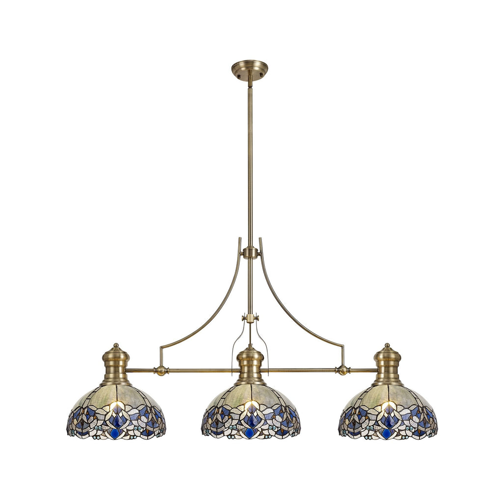 NLK04789 Louis/Ossie 3 Light Telescopic Pendant With 30cm Tiffany Shade Antique Brass/Blue/Clear Crystal