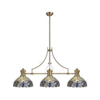 NLK04789 Louis/Ossie 3 Light Telescopic Pendant With 30cm Tiffany Shade Antique Brass/Blue/Clear Crystal