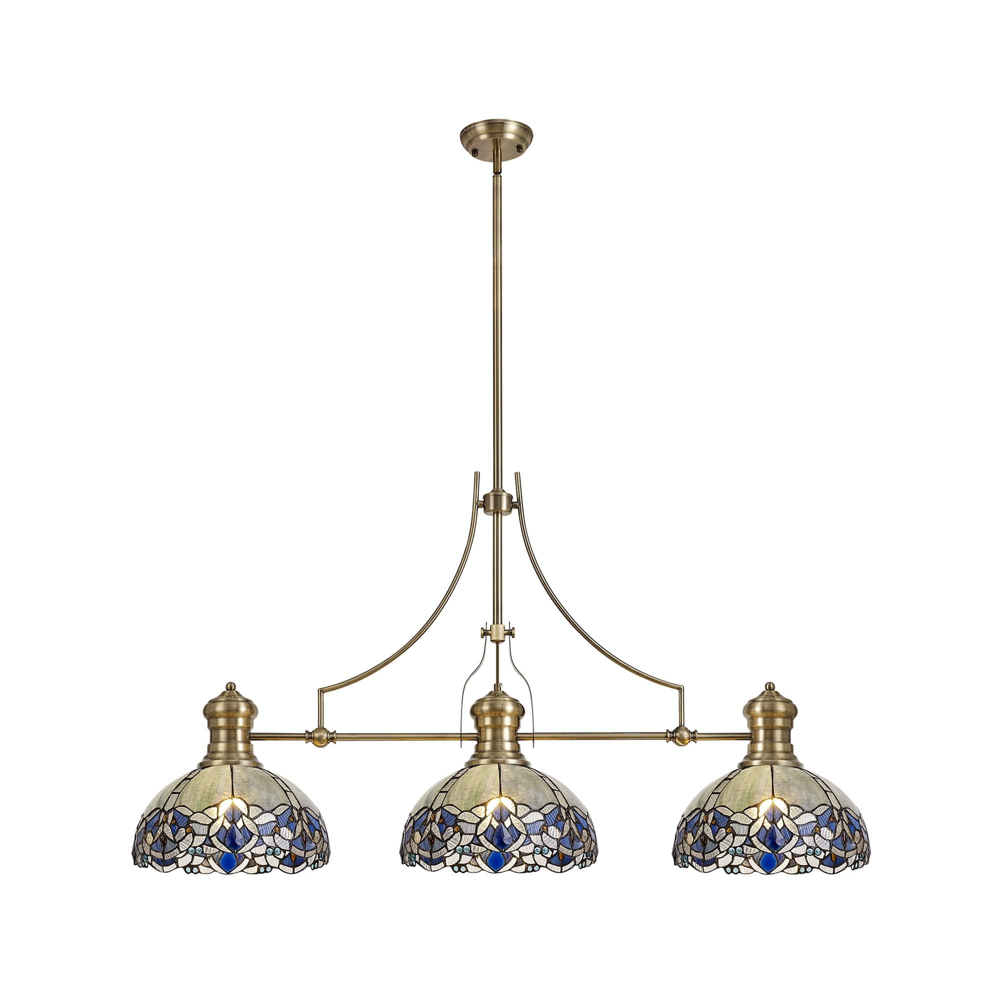 NLK04789 Louis/Ossie 3 Light Telescopic Pendant With 30cm Tiffany Shade Antique Brass/Blue/Clear Crystal
