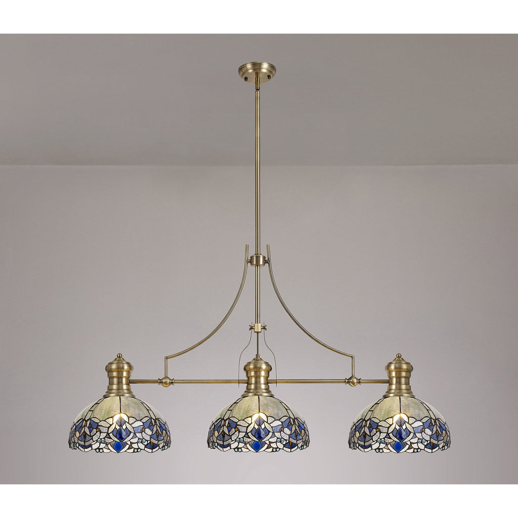 NLK04789 Louis/Ossie 3 Light Telescopic Pendant With 30cm Tiffany Shade Antique Brass/Blue/Clear Crystal