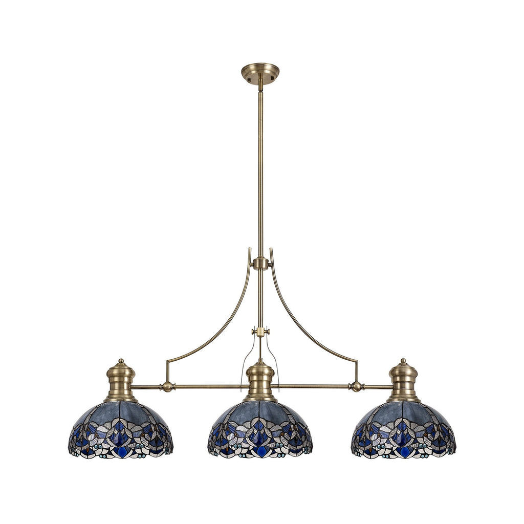 NLK04789 Louis/Ossie 3 Light Telescopic Pendant With 30cm Tiffany Shade Antique Brass/Blue/Clear Crystal