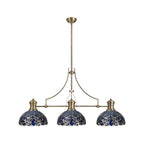 NLK04789 Louis/Ossie 3 Light Telescopic Pendant With 30cm Tiffany Shade Antique Brass/Blue/Clear Crystal