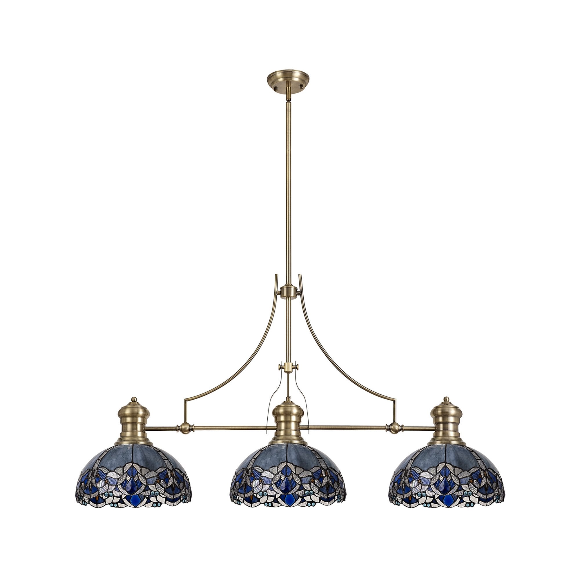 NLK04789 Louis/Ossie 3 Light Telescopic Pendant With 30cm Tiffany Shade Antique Brass/Blue/Clear Crystal