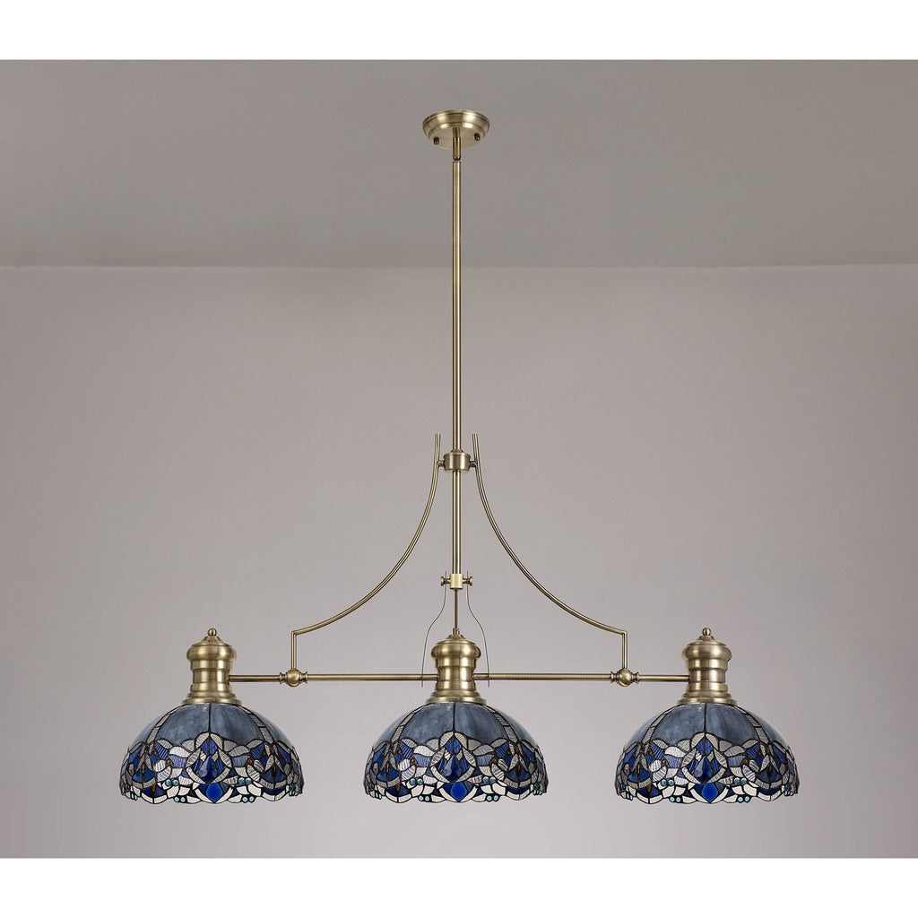 NLK04789 Louis/Ossie 3 Light Telescopic Pendant With 30cm Tiffany Shade Antique Brass/Blue/Clear Crystal