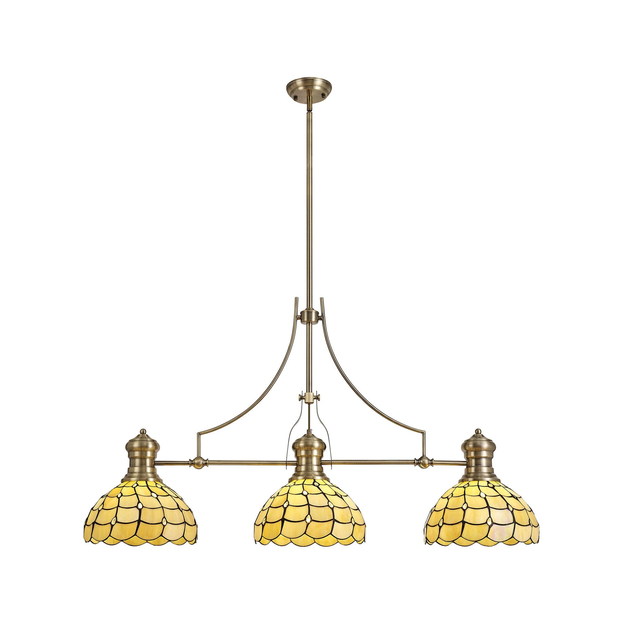 NLK04799 Louis/Chrisy 3 Light Telescopic Pendant With 30cm Tiffany Shade Antique Brass/Beige/Clear Crystal