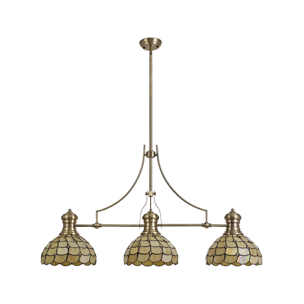 NLK04799 Louis/Chrisy 3 Light Telescopic Pendant With 30cm Tiffany Shade Antique Brass/Beige/Clear Crystal