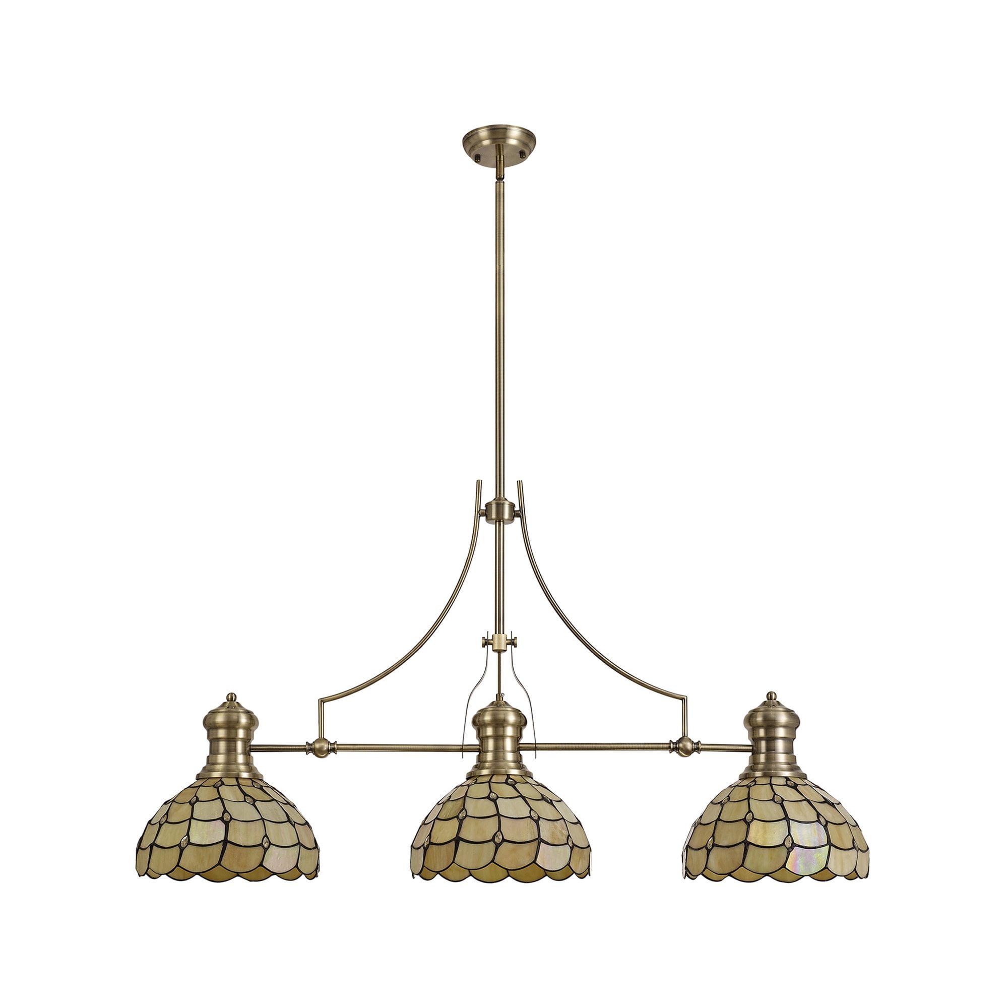 NLK04799 Louis/Chrisy 3 Light Telescopic Pendant With 30cm Tiffany Shade Antique Brass/Beige/Clear Crystal