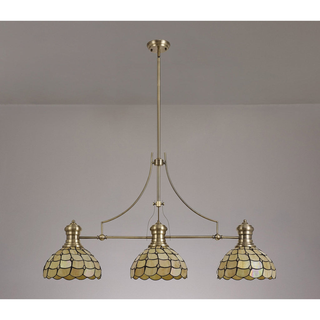NLK04799 Louis/Chrisy 3 Light Telescopic Pendant With 30cm Tiffany Shade Antique Brass/Beige/Clear Crystal