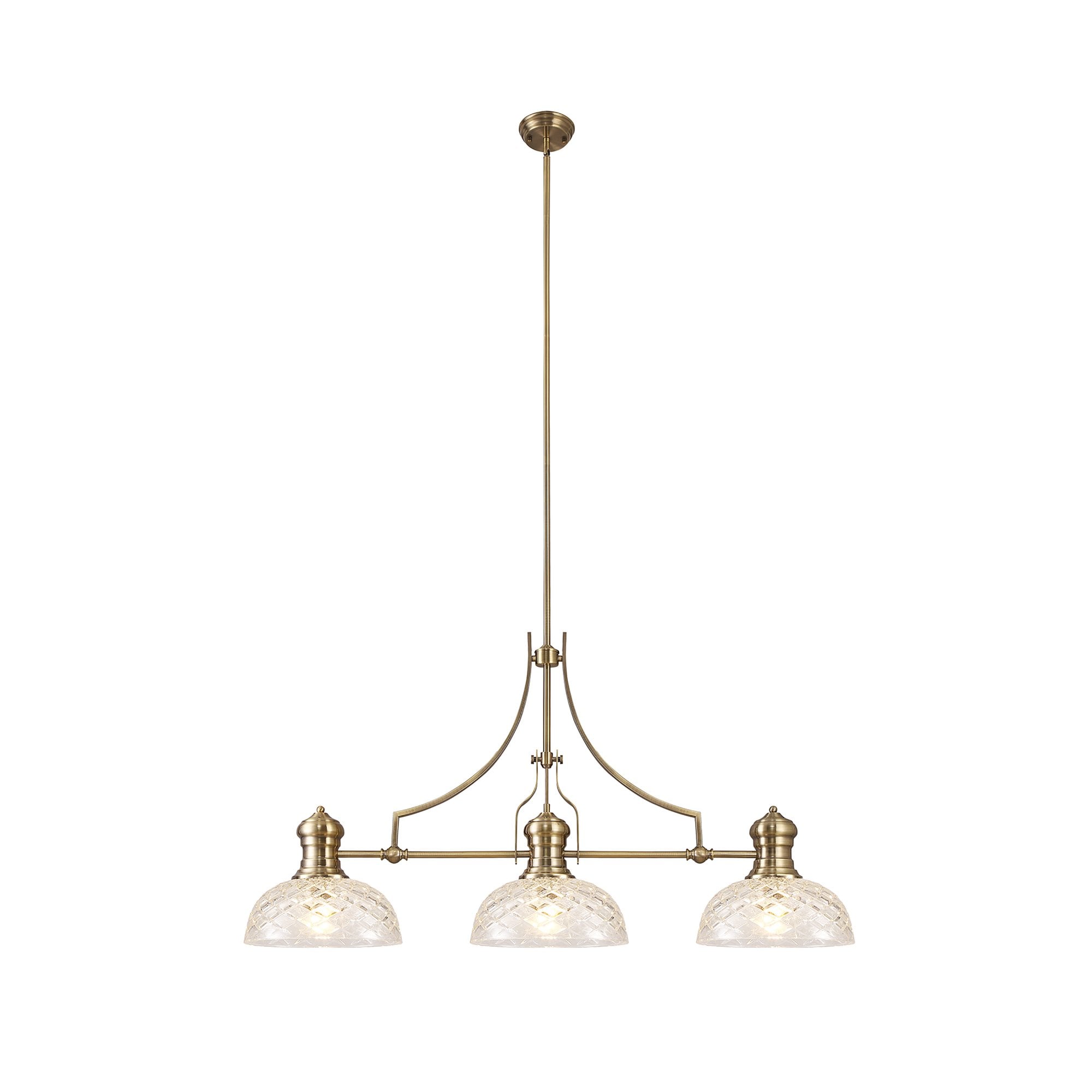 NLK04809 Louis Linear Pendant With 30cm Flat Round Patterned Shade Antique Brass/Clear Glass