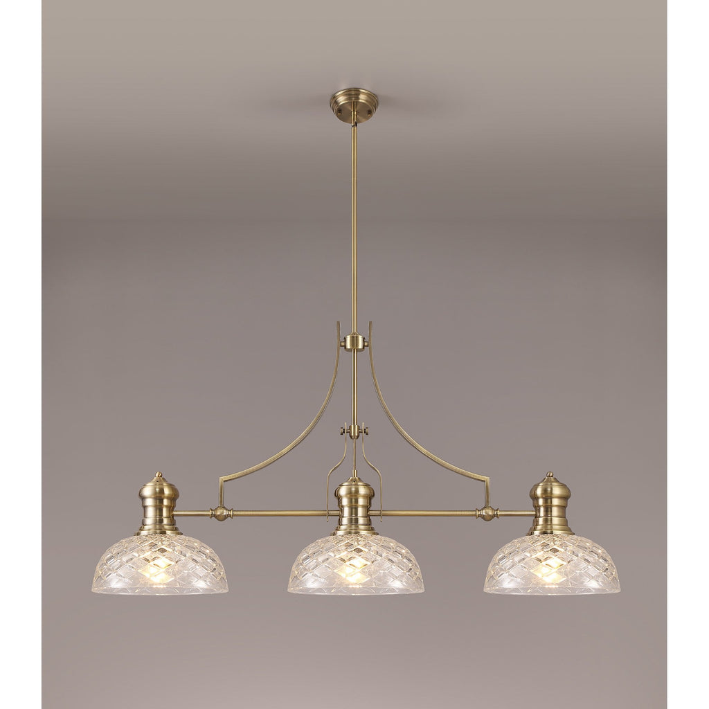 NLK04809 Louis Linear Pendant With 30cm Flat Round Patterned Shade Antique Brass/Clear Glass