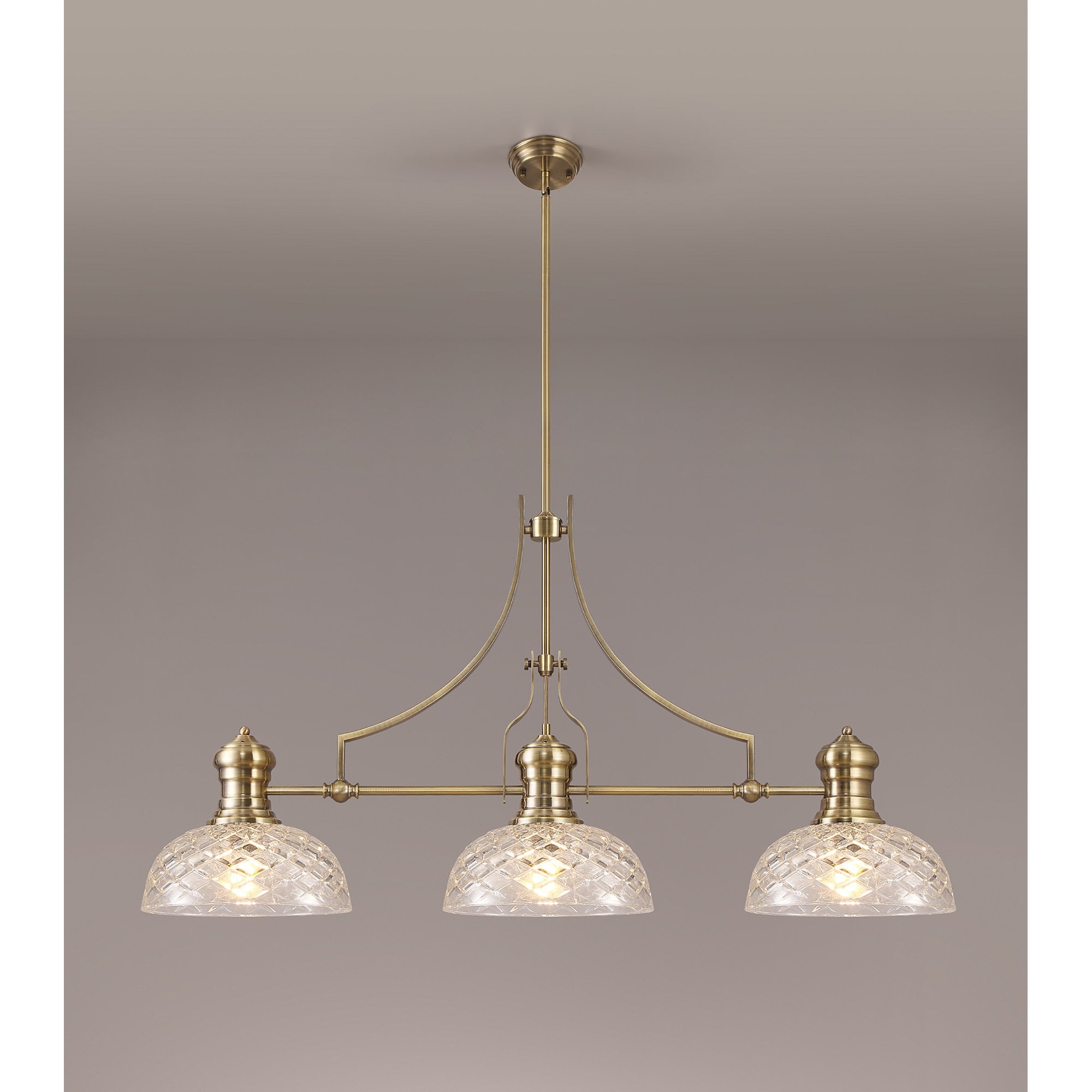 NLK04809 Louis Linear Pendant With 30cm Flat Round Patterned Shade Antique Brass/Clear Glass