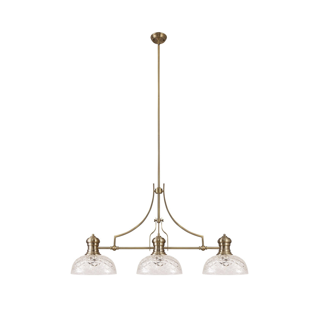 NLK04809 Louis Linear Pendant With 30cm Flat Round Patterned Shade Antique Brass/Clear Glass