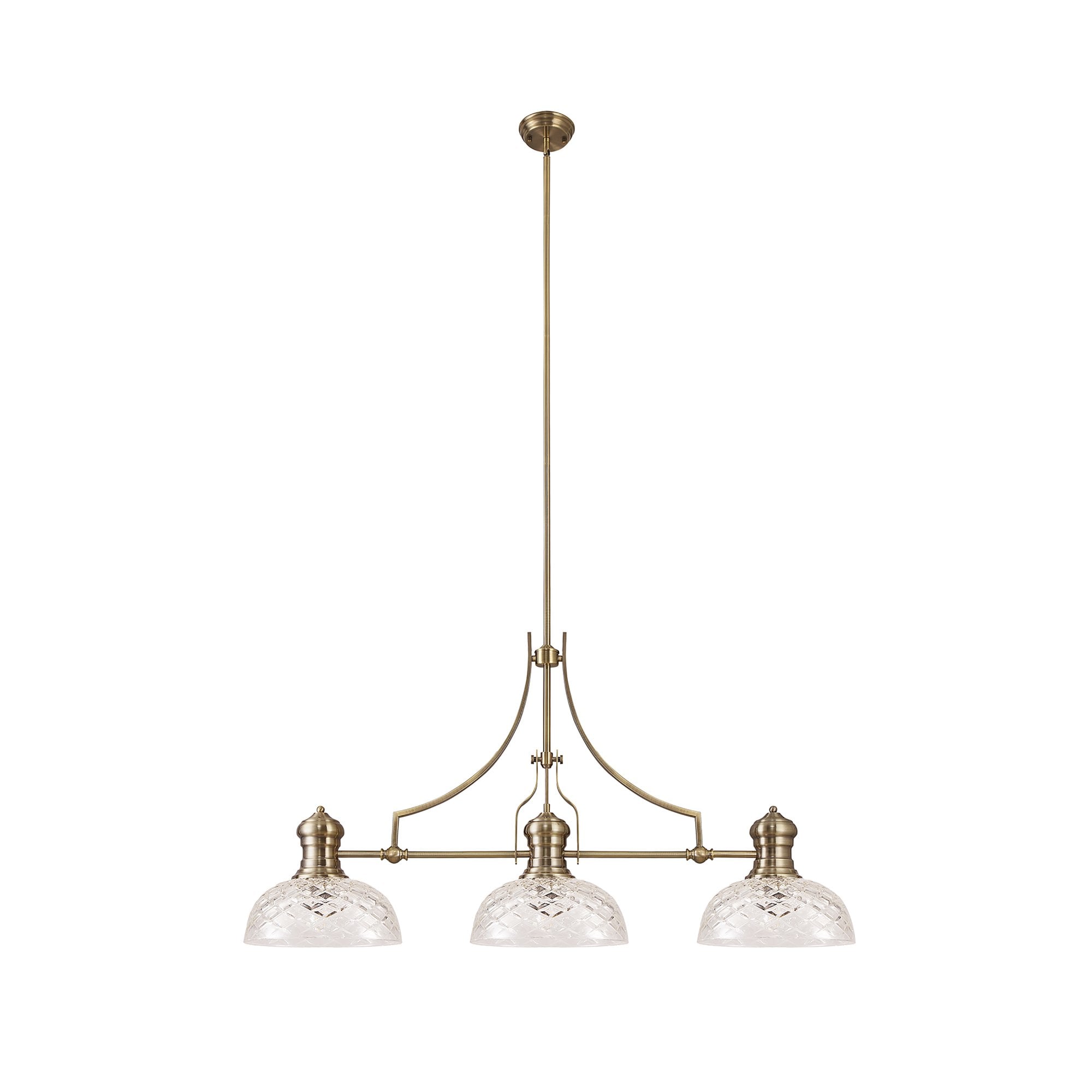 NLK04809 Louis Linear Pendant With 30cm Flat Round Patterned Shade Antique Brass/Clear Glass