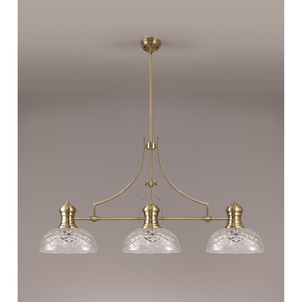 NLK04809 Louis Linear Pendant With 30cm Flat Round Patterned Shade Antique Brass/Clear Glass