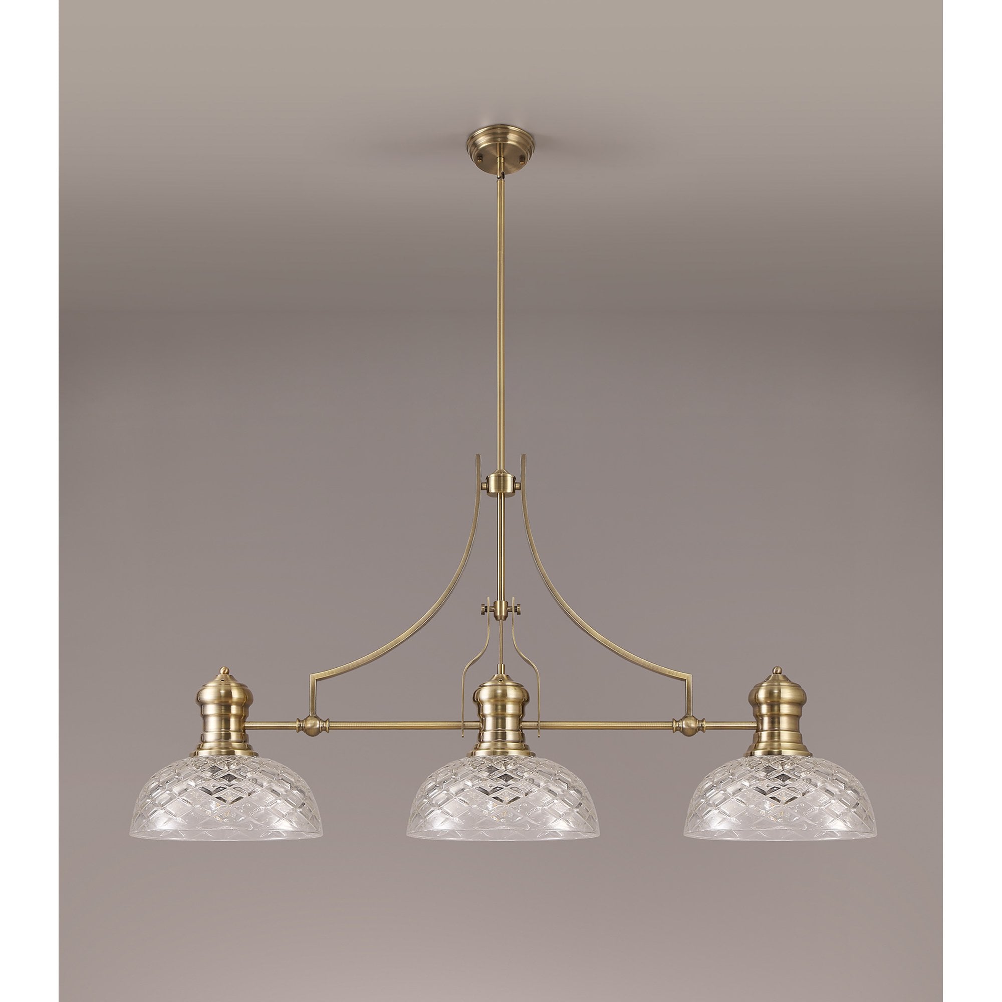 NLK04809 Louis Linear Pendant With 30cm Flat Round Patterned Shade Antique Brass/Clear Glass
