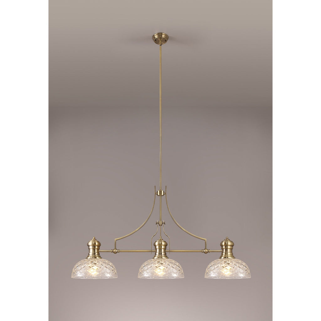 NLK04809 Louis Linear Pendant With 30cm Flat Round Patterned Shade Antique Brass/Clear Glass