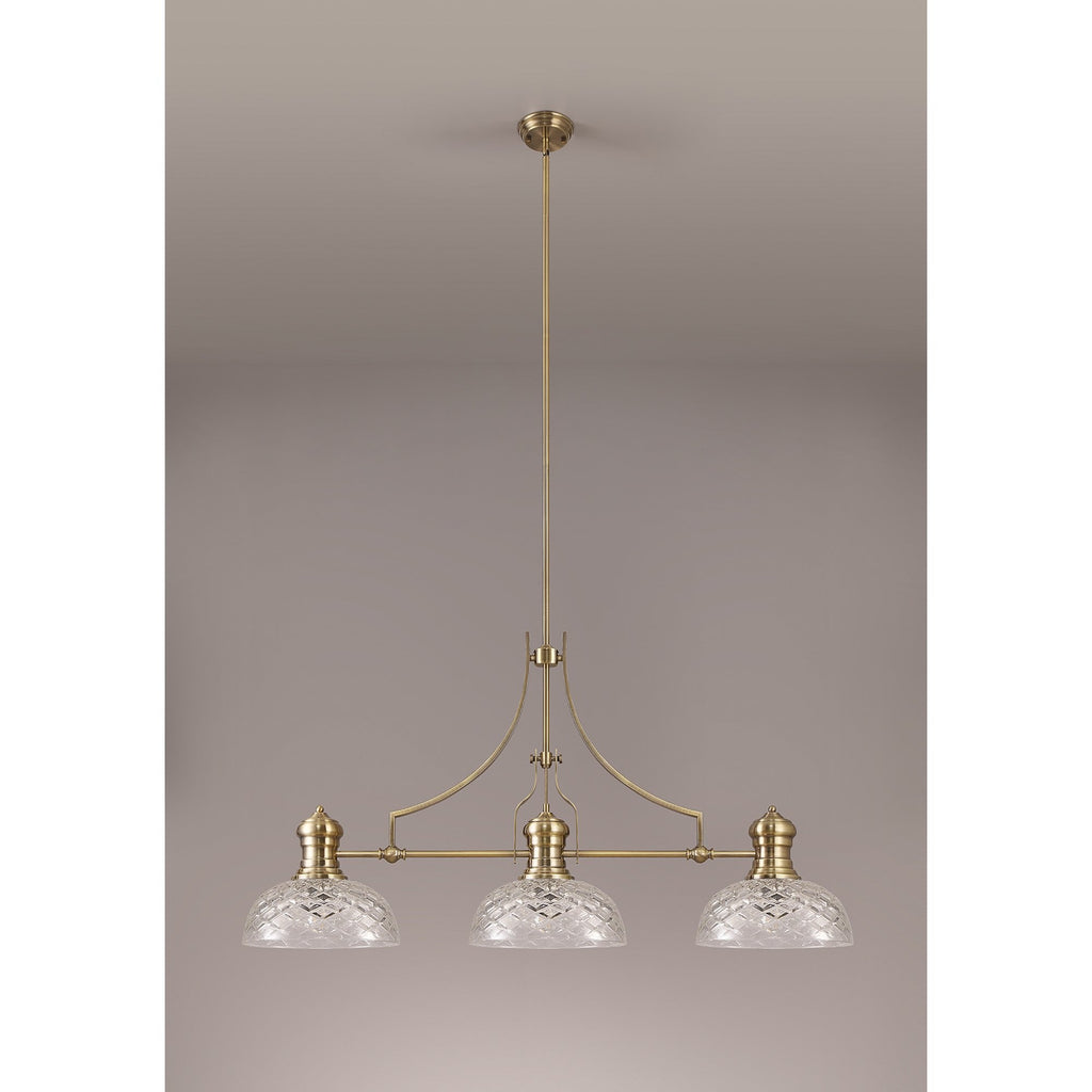 NLK04809 Louis Linear Pendant With 30cm Flat Round Patterned Shade Antique Brass/Clear Glass