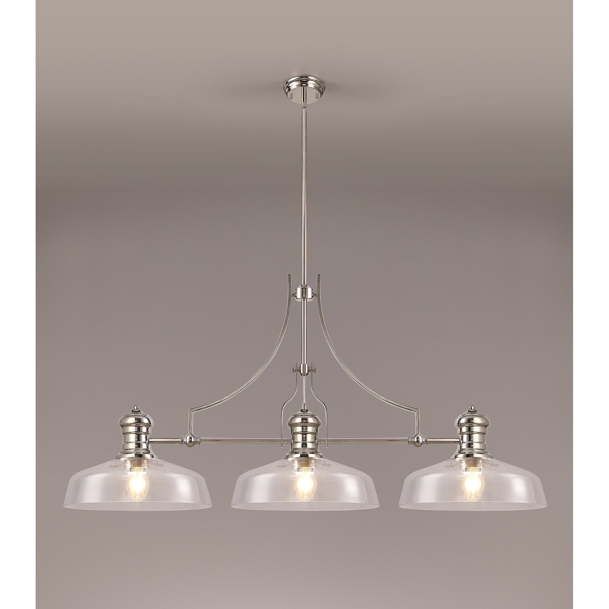 NLK04819 Louis Linear Pendant With 38cm Flat Round Shade Polished Nickel/Clear Glass