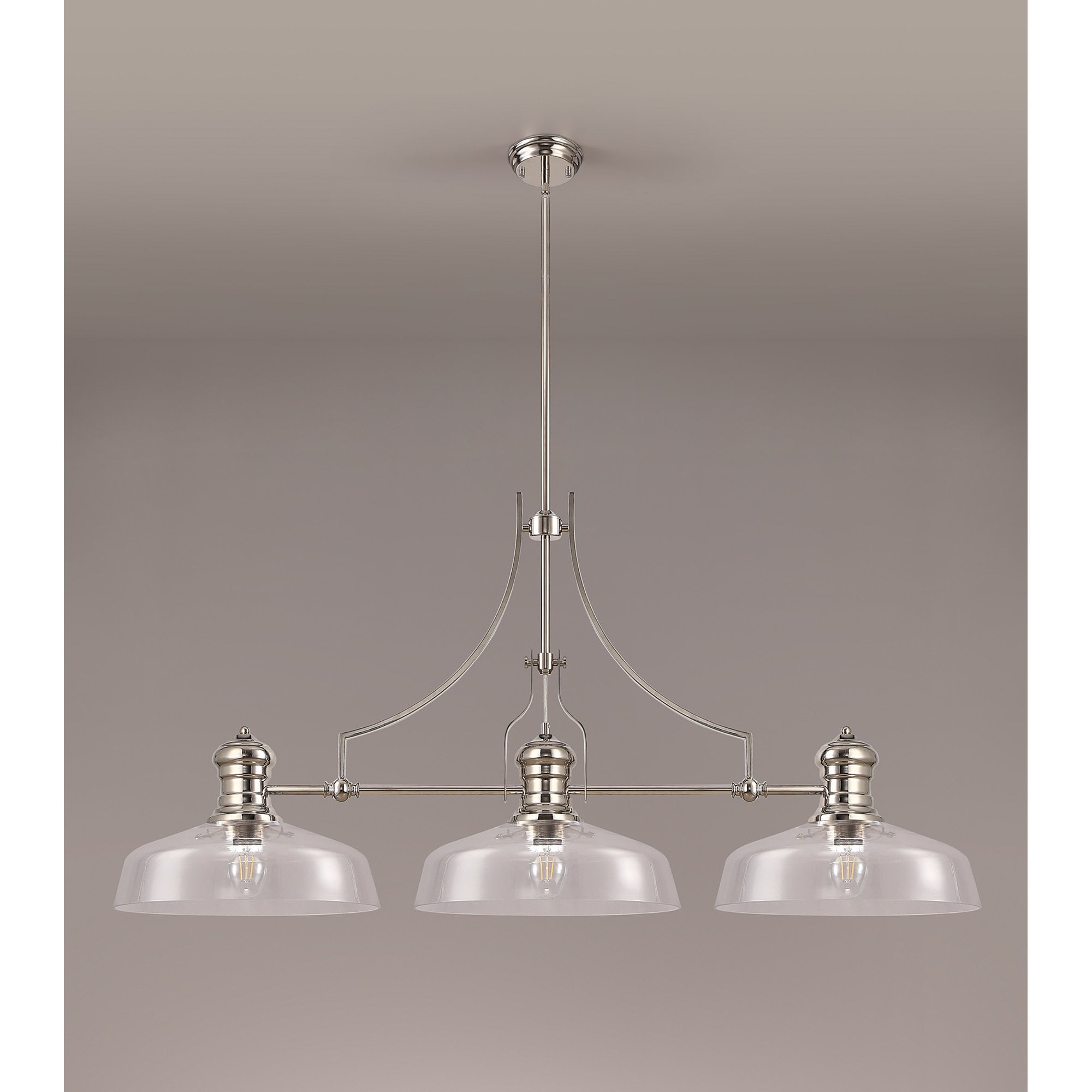 NLK04819 Louis Linear Pendant With 38cm Flat Round Shade Polished Nickel/Clear Glass