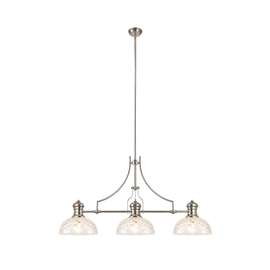 NLK04839 Louis Linear Pendant With 30cm Flat Round Patterned Shade Polished Nickel/Clear Glass