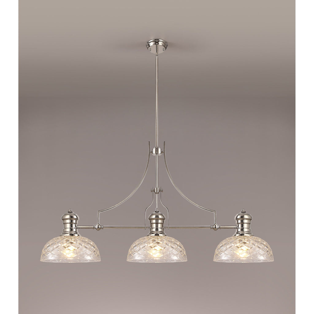 NLK04839 Louis Linear Pendant With 30cm Flat Round Patterned Shade Polished Nickel/Clear Glass
