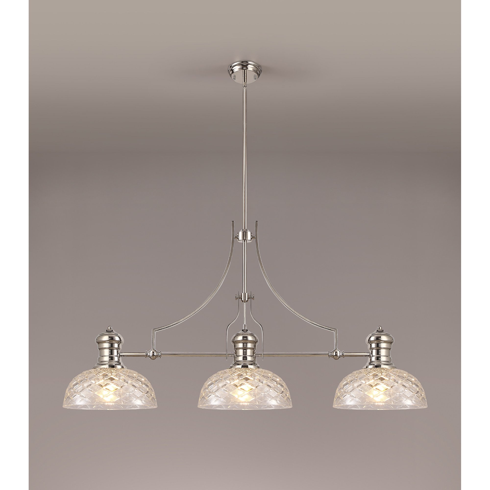 NLK04839 Louis Linear Pendant With 30cm Flat Round Patterned Shade Polished Nickel/Clear Glass