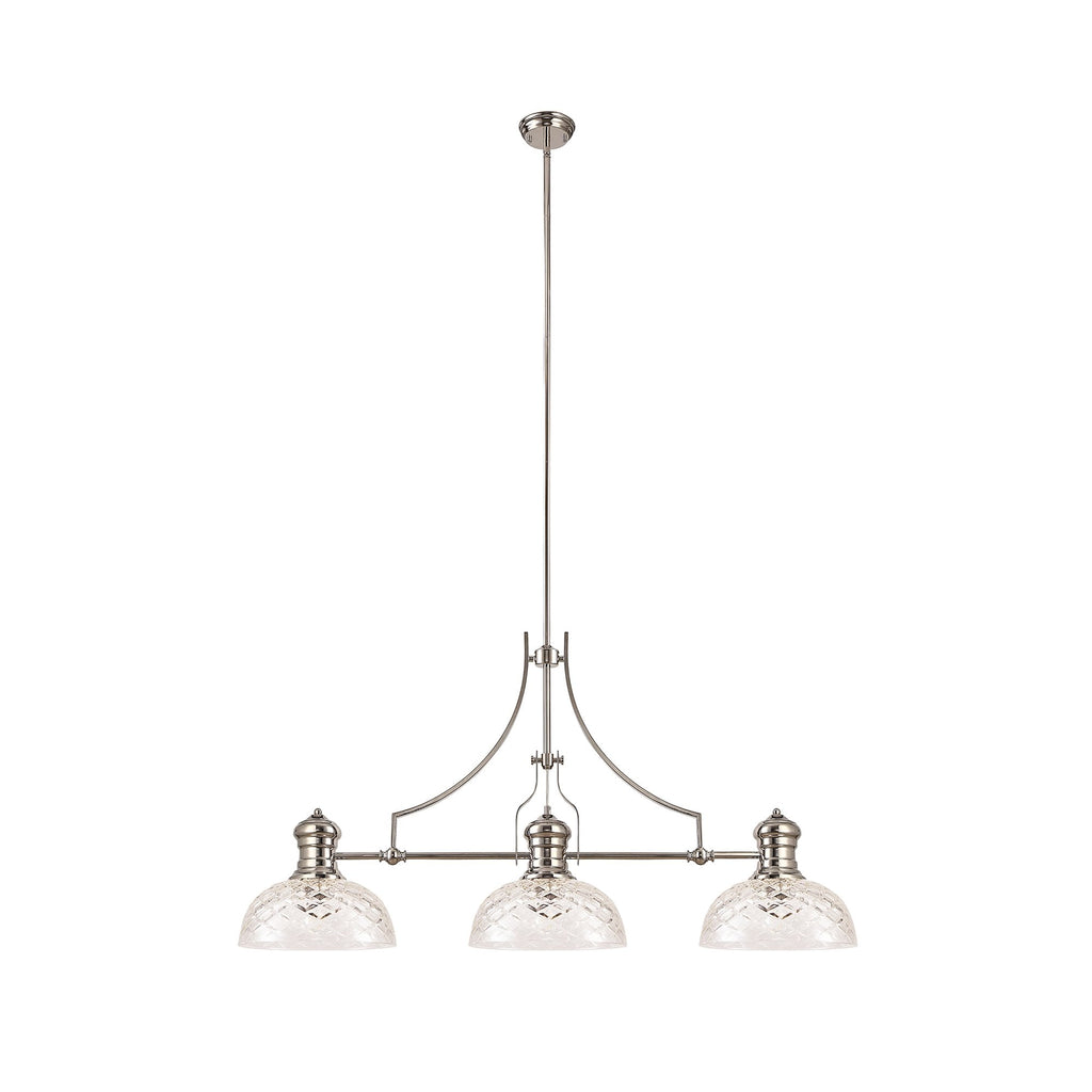 NLK04839 Louis Linear Pendant With 30cm Flat Round Patterned Shade Polished Nickel/Clear Glass