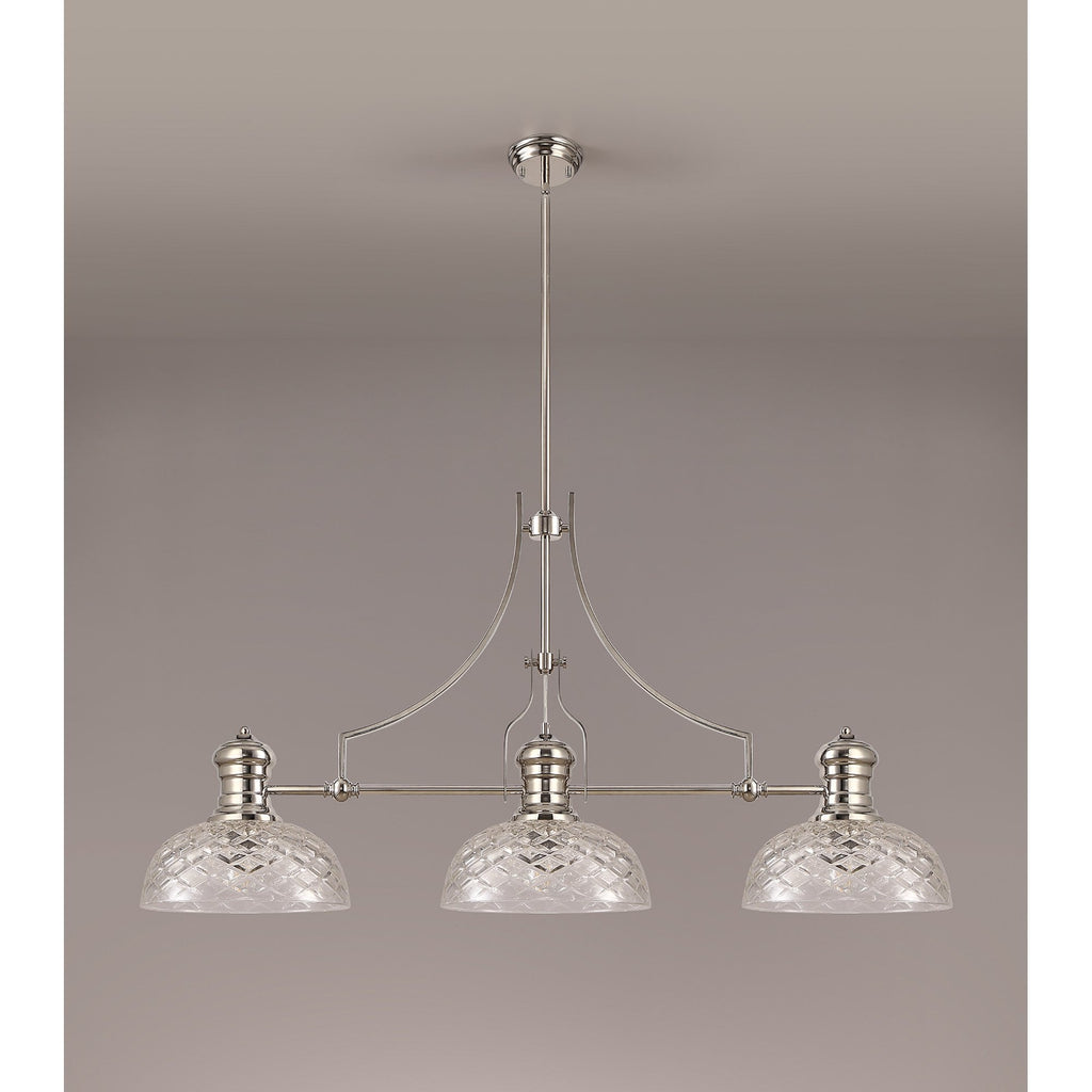 NLK04839 Louis Linear Pendant With 30cm Flat Round Patterned Shade Polished Nickel/Clear Glass