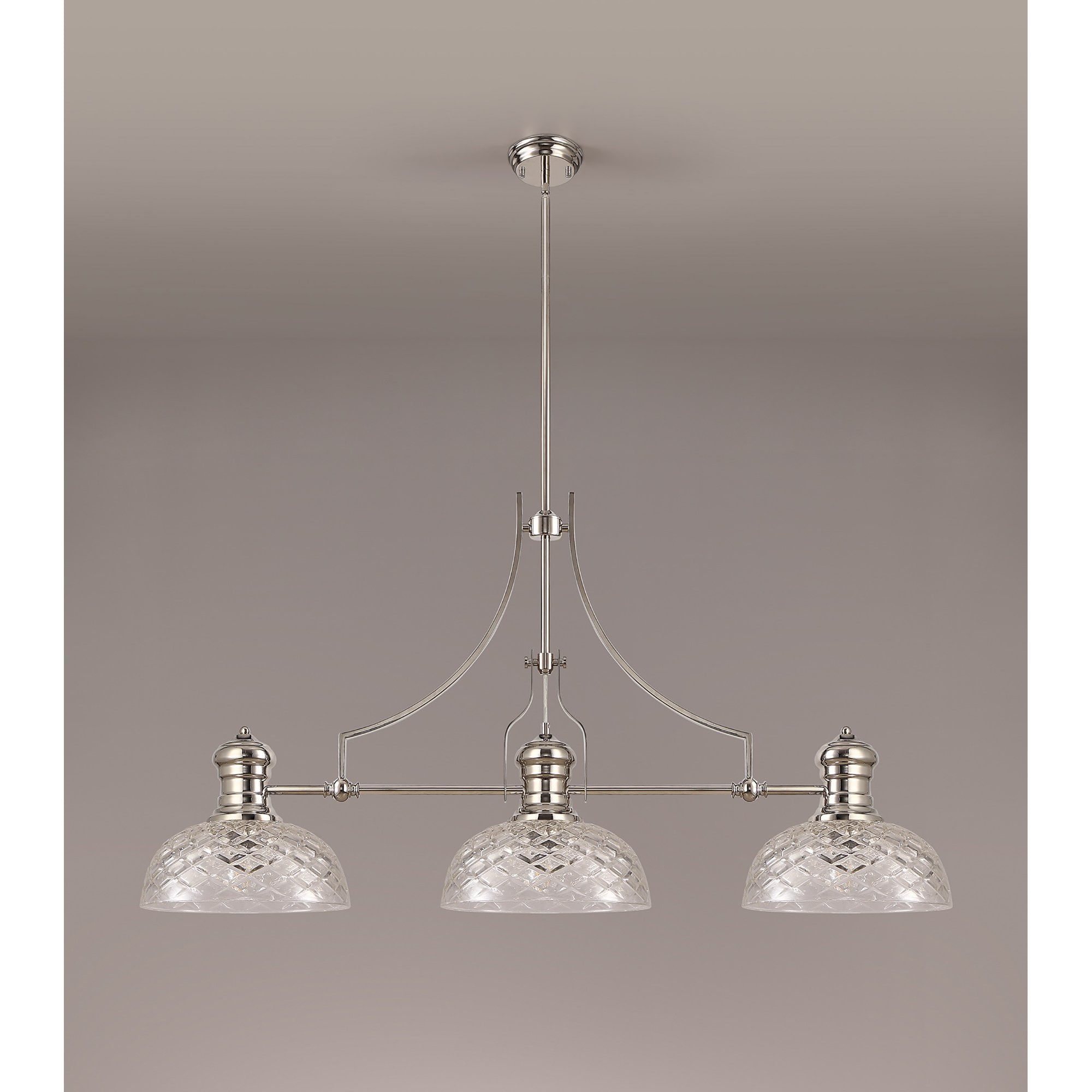 NLK04839 Louis Linear Pendant With 30cm Flat Round Patterned Shade Polished Nickel/Clear Glass