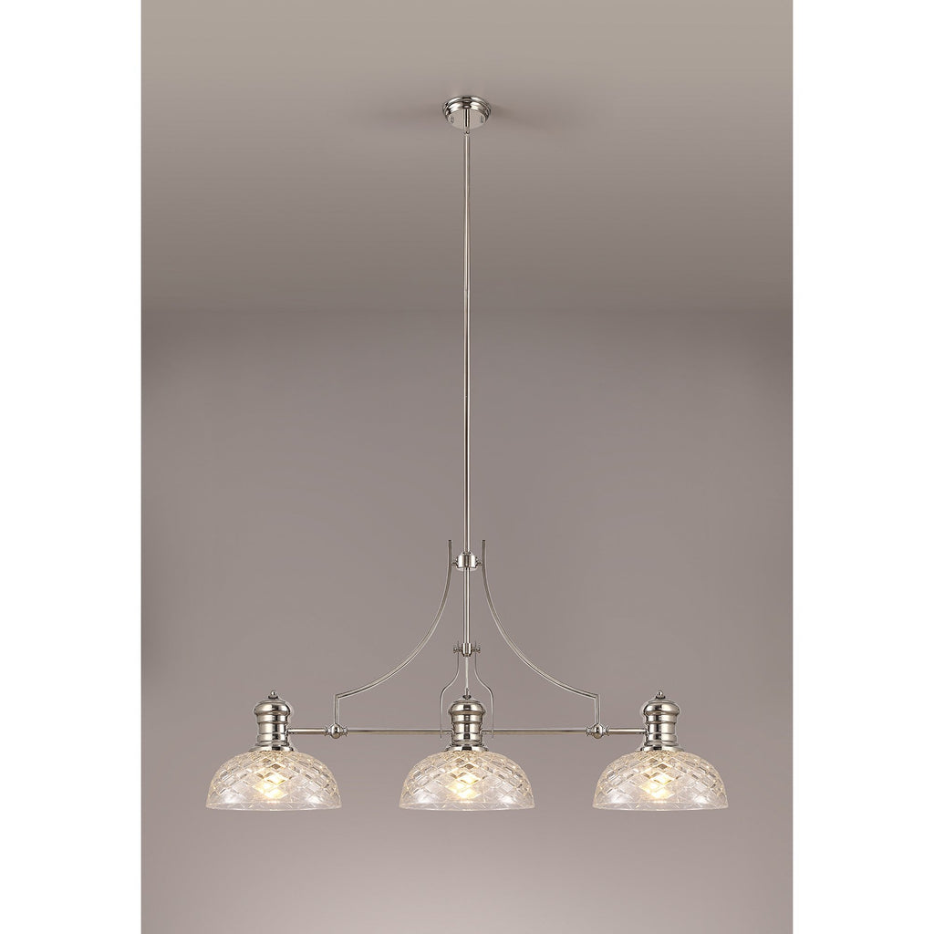 NLK04839 Louis Linear Pendant With 30cm Flat Round Patterned Shade Polished Nickel/Clear Glass