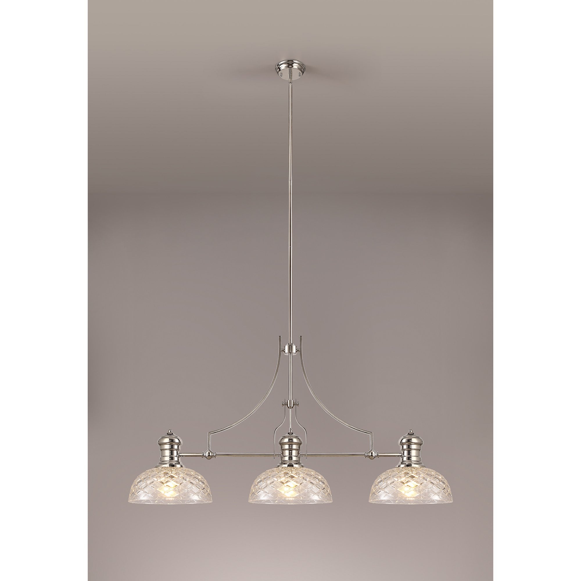 NLK04839 Louis Linear Pendant With 30cm Flat Round Patterned Shade Polished Nickel/Clear Glass