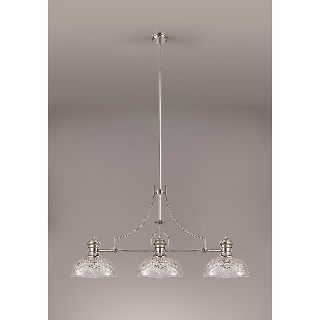 NLK04839 Louis Linear Pendant With 30cm Flat Round Patterned Shade Polished Nickel/Clear Glass