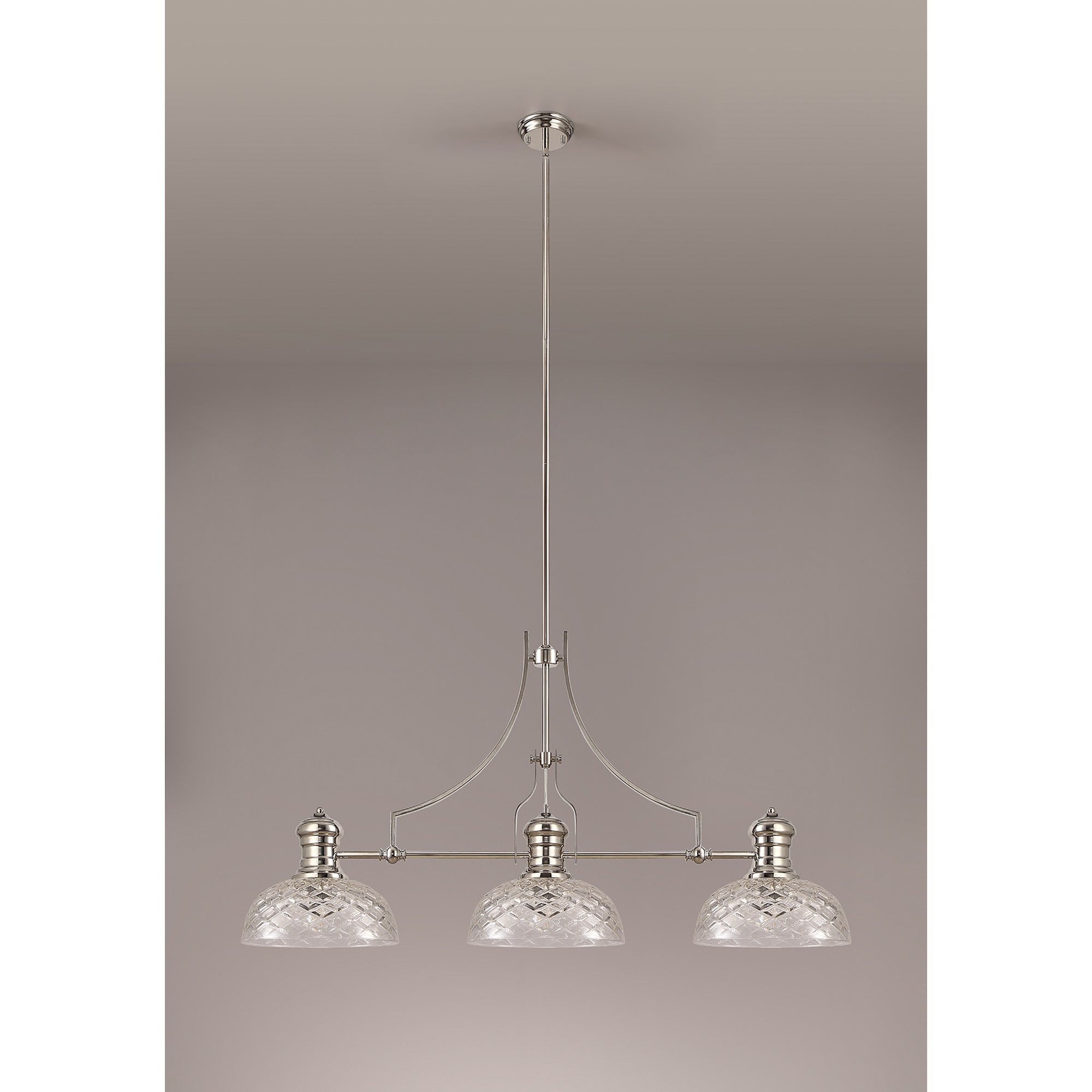 NLK04839 Louis Linear Pendant With 30cm Flat Round Patterned Shade Polished Nickel/Clear Glass