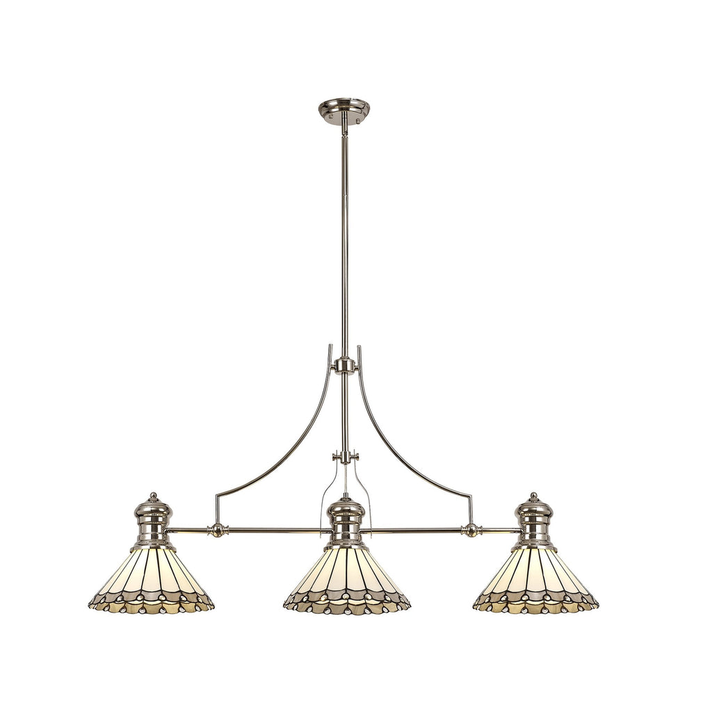 NLK04849 Louis/Umbrian 3 Light Telescopic Pendant With 30cm Tiffany Shade Polished Nickel/Grey/CRome/Crystal