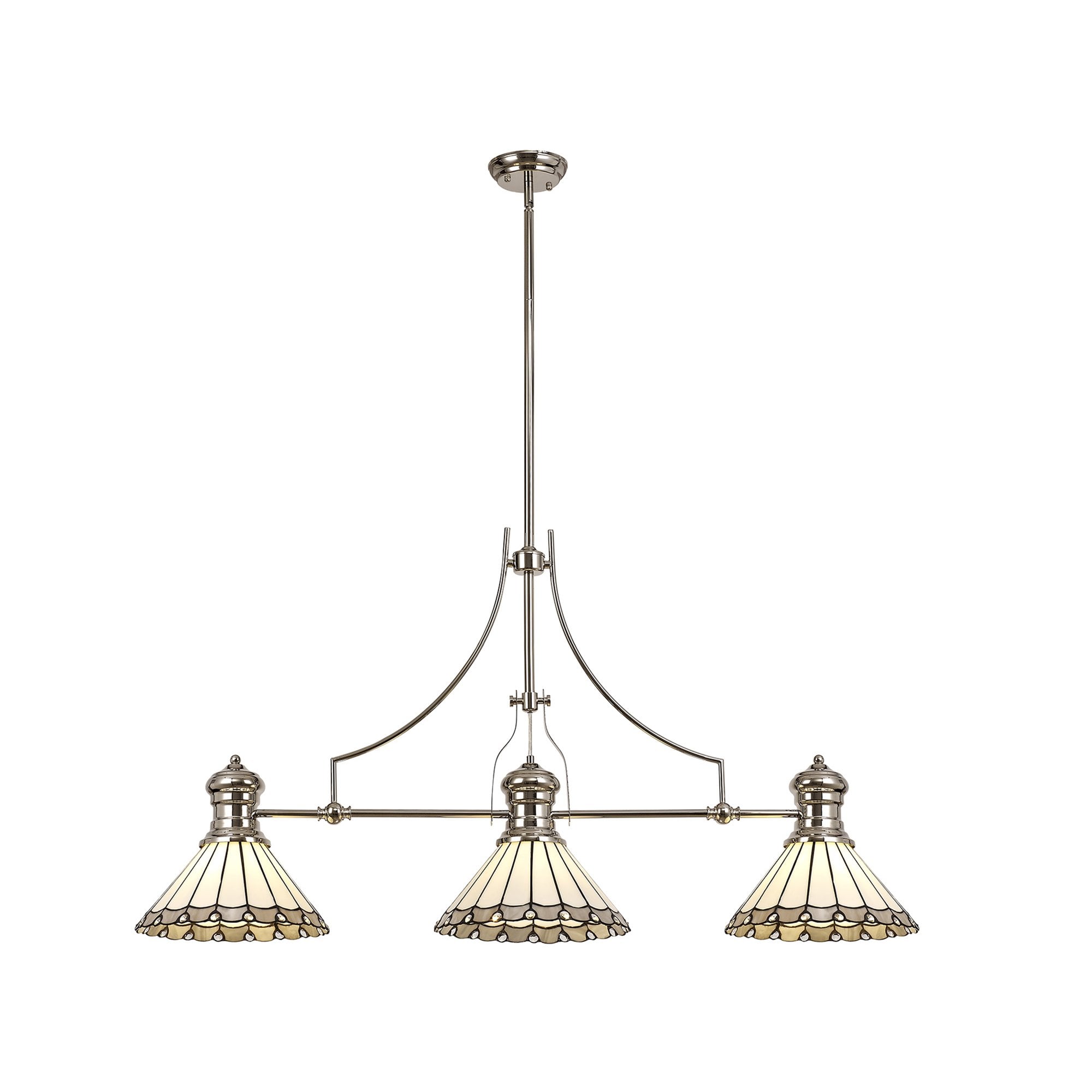 NLK04849 Louis/Umbrian 3 Light Telescopic Pendant With 30cm Tiffany Shade Polished Nickel/Grey/CRome/Crystal