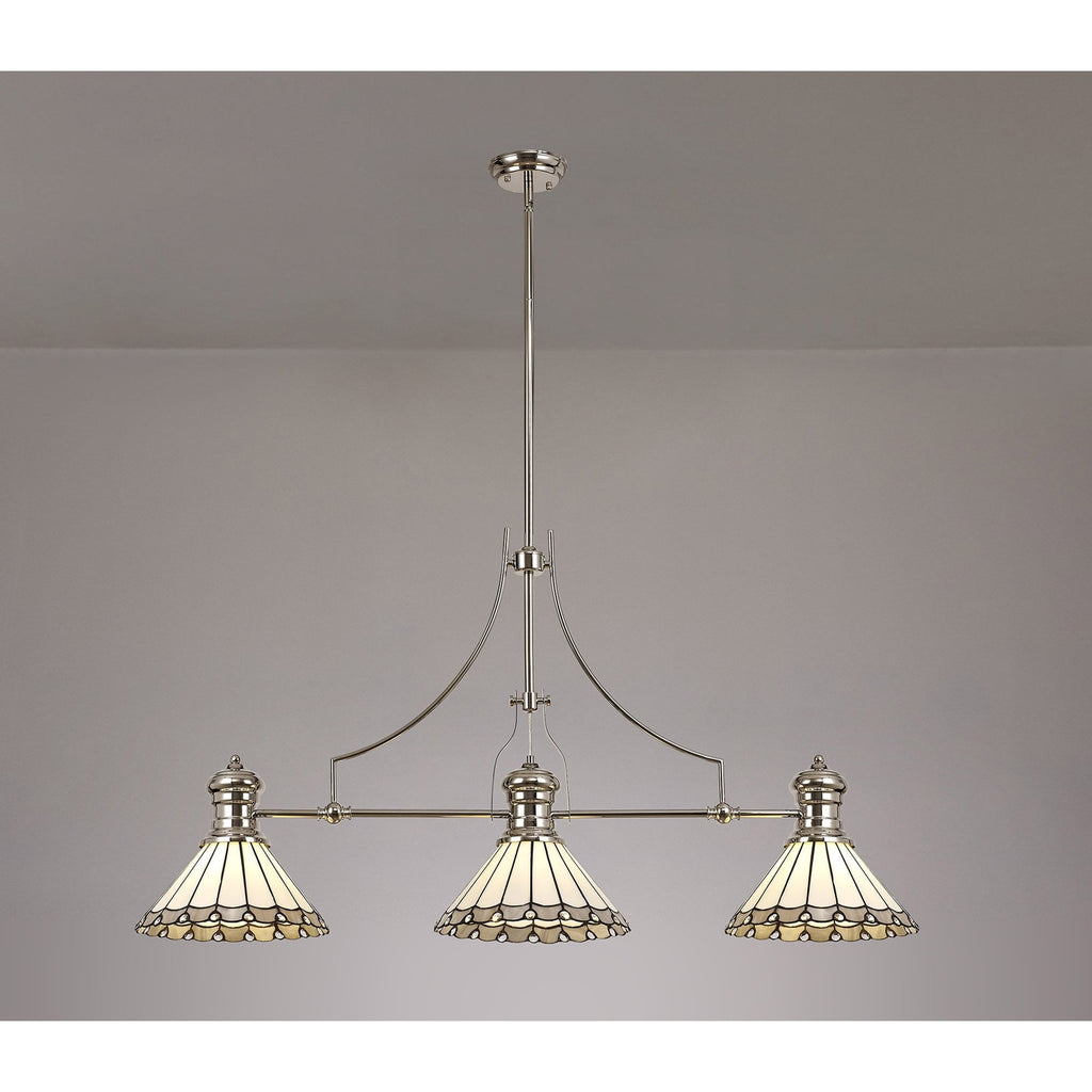 NLK04849 Louis/Umbrian 3 Light Telescopic Pendant With 30cm Tiffany Shade Polished Nickel/Grey/CRome/Crystal