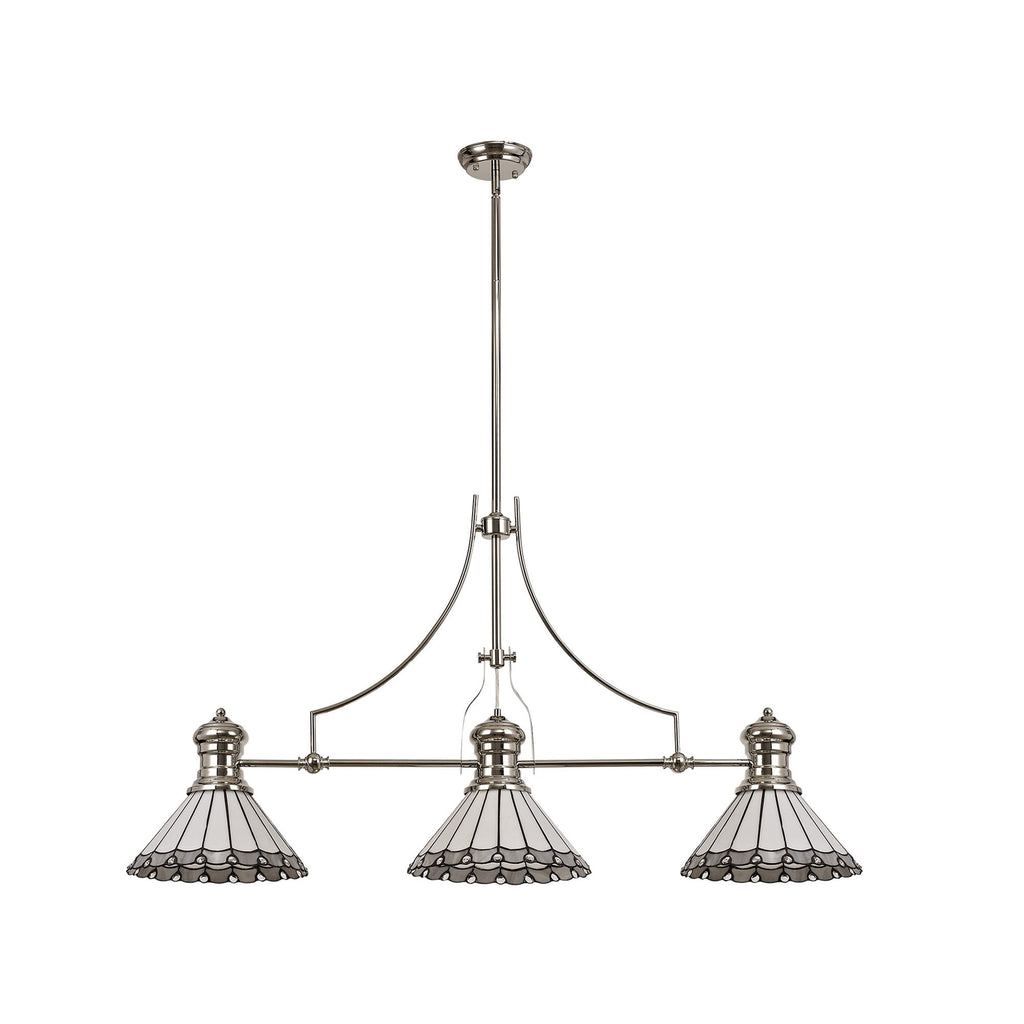 NLK04849 Louis/Umbrian 3 Light Telescopic Pendant With 30cm Tiffany Shade Polished Nickel/Grey/CRome/Crystal