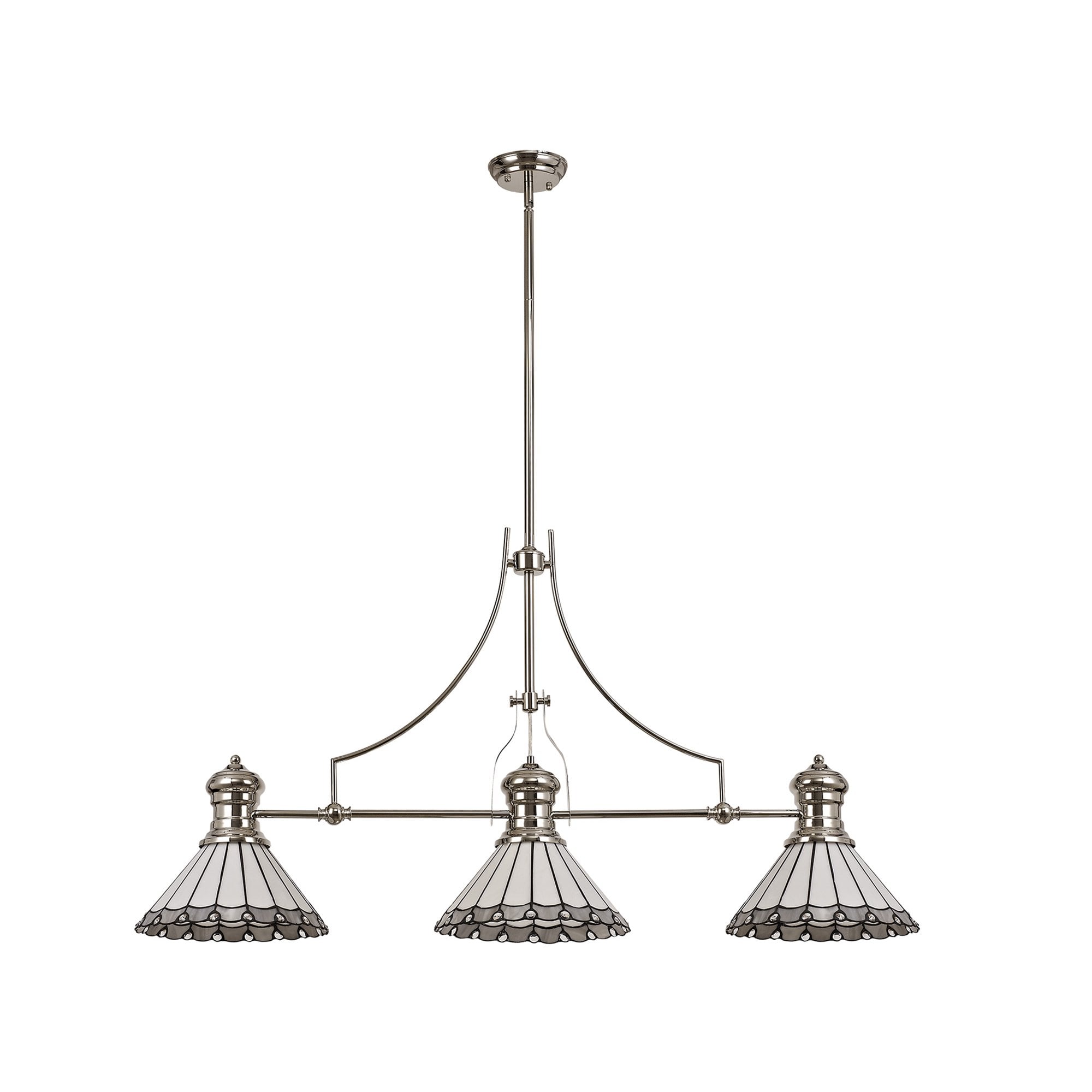 NLK04849 Louis/Umbrian 3 Light Telescopic Pendant With 30cm Tiffany Shade Polished Nickel/Grey/CRome/Crystal