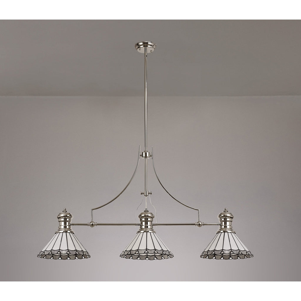 NLK04849 Louis/Umbrian 3 Light Telescopic Pendant With 30cm Tiffany Shade Polished Nickel/Grey/CRome/Crystal