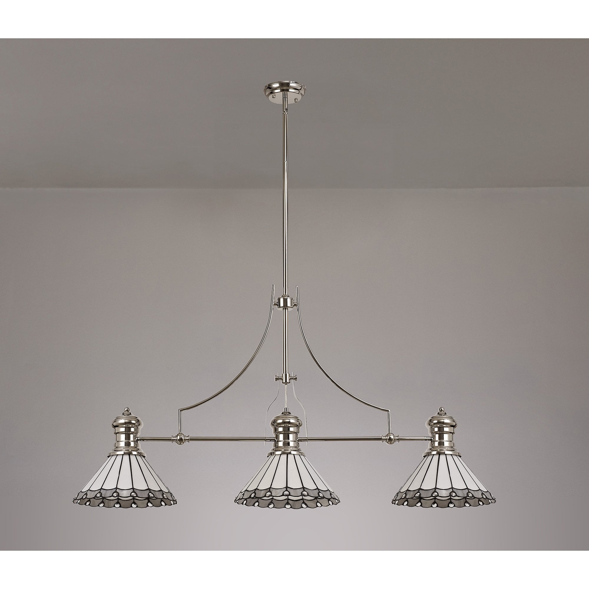 NLK04849 Louis/Umbrian 3 Light Telescopic Pendant With 30cm Tiffany Shade Polished Nickel/Grey/CRome/Crystal