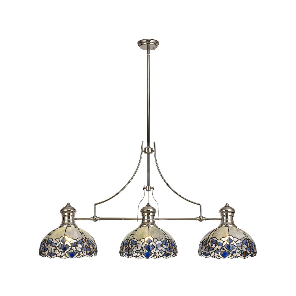 NLK04889 Louis/Ossie 3 Light Telescopic Pendant With 30cm Tiffany Shade Polished Nickel/Blue/Clear Crystal