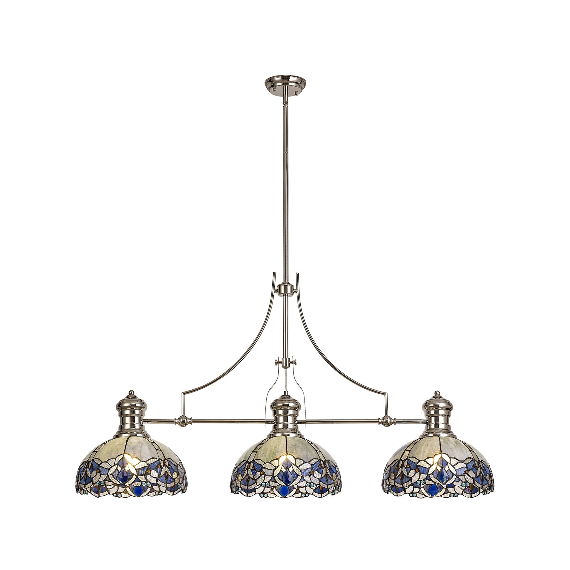 NLK04889 Louis/Ossie 3 Light Telescopic Pendant With 30cm Tiffany Shade Polished Nickel/Blue/Clear Crystal